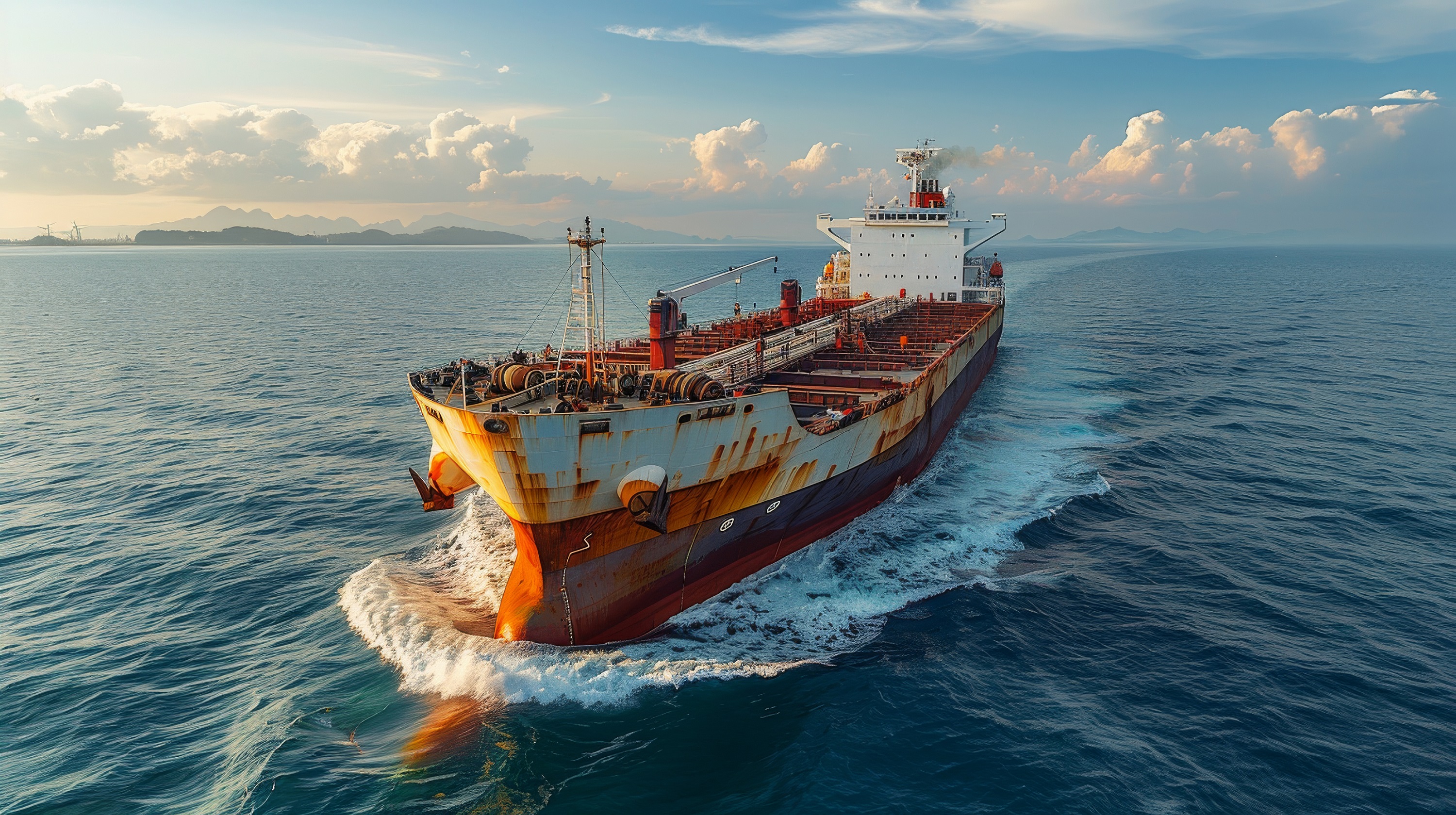 A large ship navigates through the vast expanse of the ocean, surrounded only by water and sky.